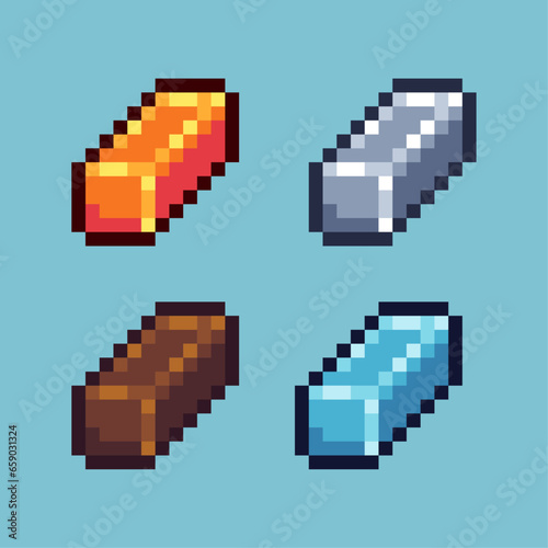 Pixel art sets of ingot bar with variation color item asset. Simple bits of gold silver material on pixelated style. 8bits perfect for game asset or design asset element for your game design asset.