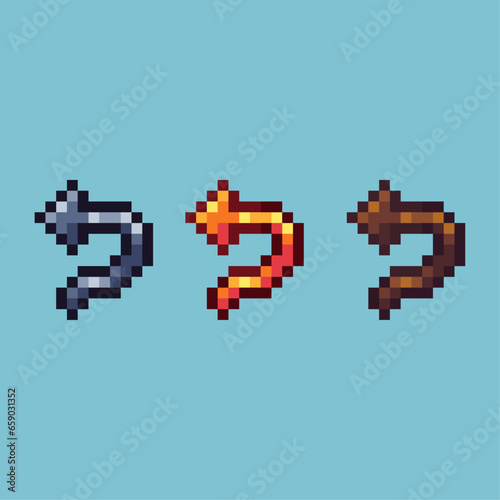 Pixel art sets of back sign with variation color item asset. Simple bits of gold undo sign on pixelated style. 8bits perfect for game asset or design asset element for your game design asset.