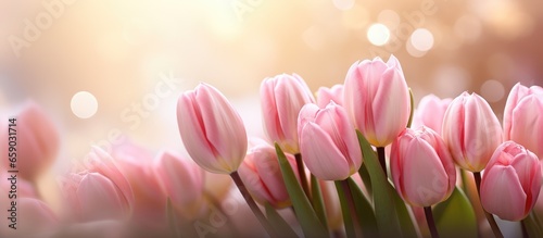 Flowers with pink tulips on a blurred background perfect for Valentine s and Mother s Day © AkuAku