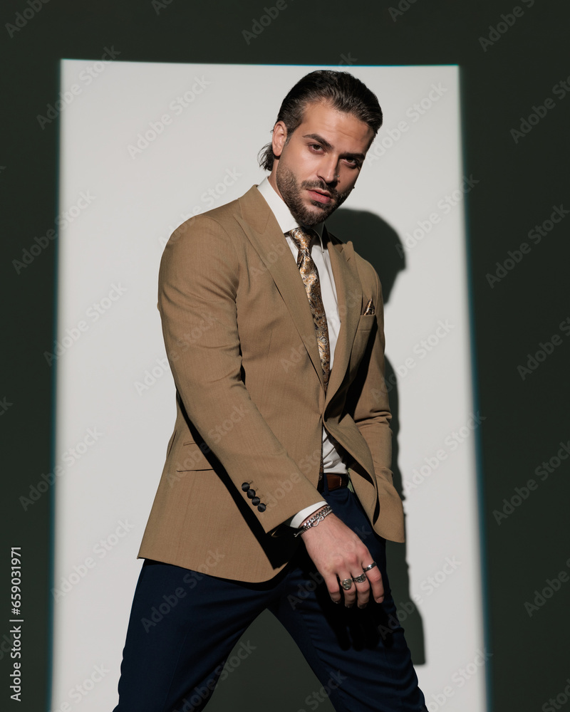 elegant bearded businessman in brown suit holding hand in pocket