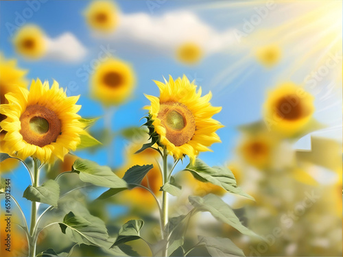 Sunflower on horizontal blur background with copy space.