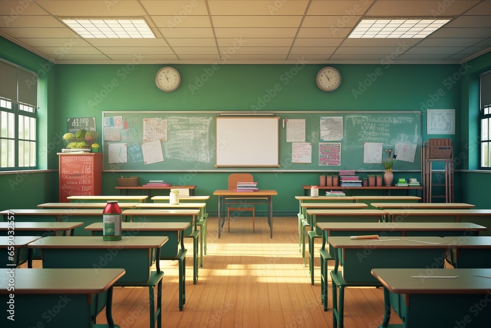 Classroom with school desks and green chalkboard, empty space, without children Classroom with school desks and green chalkboard, empty space, without children