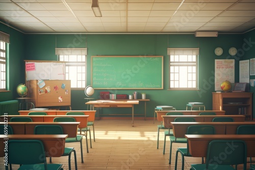 Classroom with school desks and green chalkboard, empty space, without children