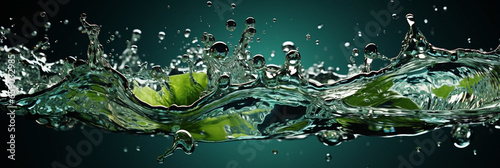 Wide banner photo of floating leaves on clear fresh water splash in dark blue background with water bubbles