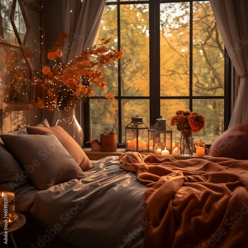 Autumn season in bedroom free photo, in the style of soft lighting, soft, romantic scenes, 