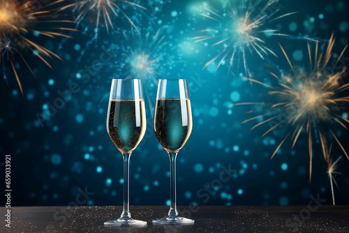 Two champagne glasses on blue a background of fireworks with an empty space on the right