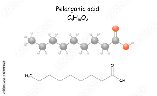 Pelargonic acid. Stylized molecule model and structural formula.