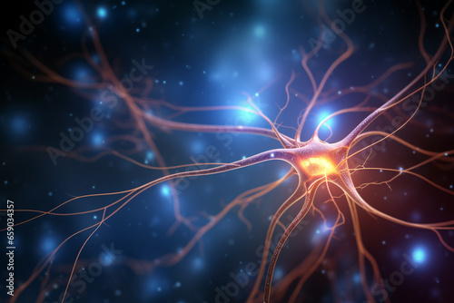 Medicine, science and sci-fi concept. Abstract illustration of human brain neurons with bright electric impulse. Abstract background with copy space. Generative AI