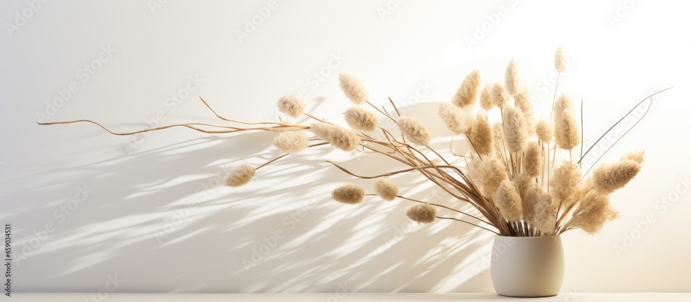 Minimal home interior design concept featuring a composition of beautiful flowers and a dry rabbit tail flower creating hard shadows on a white wall - obrazy, fototapety, plakaty 