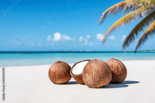 Coconuts on white sand on the beach