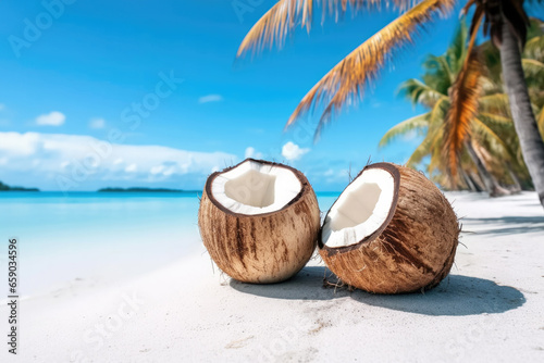 Coconuts on white sand on the beach
