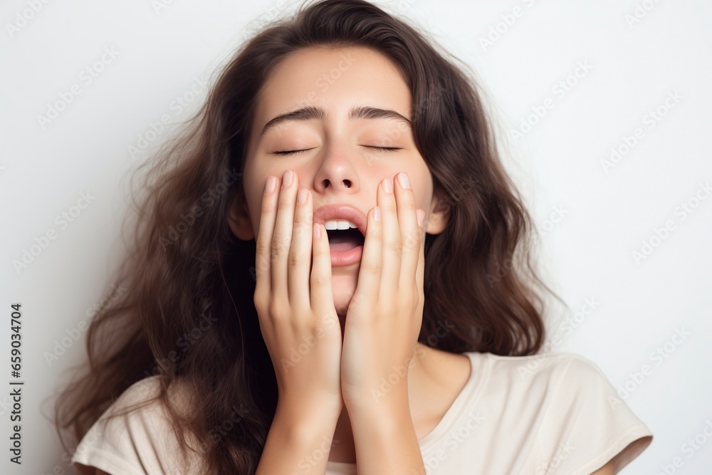 young woman yawning puts her hands to her face young woman yawning puts her hands to her face