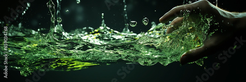 Wide digital art banner banner photo of clear fresh water splash touching with a hand in dark blue background   
