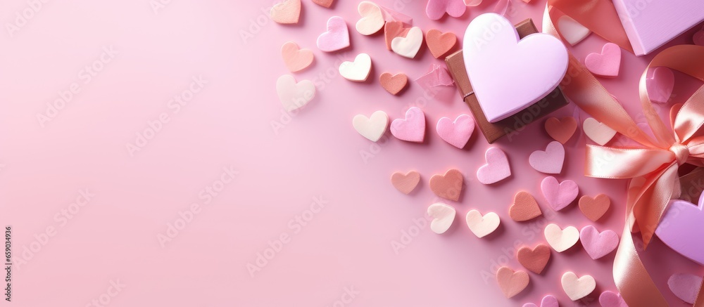 Valentine s Day decorations gift box ribbon and hearts on pink background Online sale concept with copy space