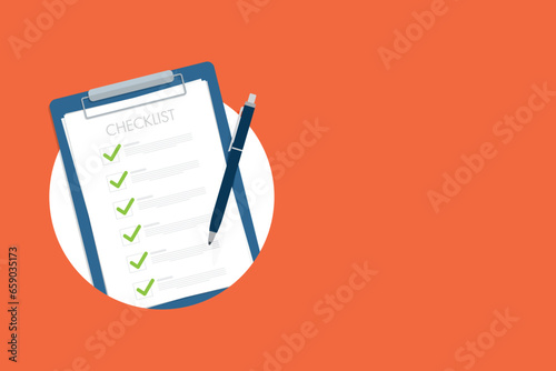 Check list document, paper check list and to do list with checkboxes, concept of survey, online quiz, completed things or done test, feedback.	