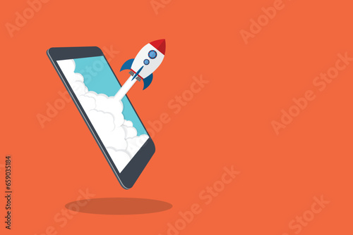 App launch. Startup vector concept, flat cartoon rocket or rocketship launch, mobile phone or smartphone, idea of successful business project start up, boost technology, innovation.