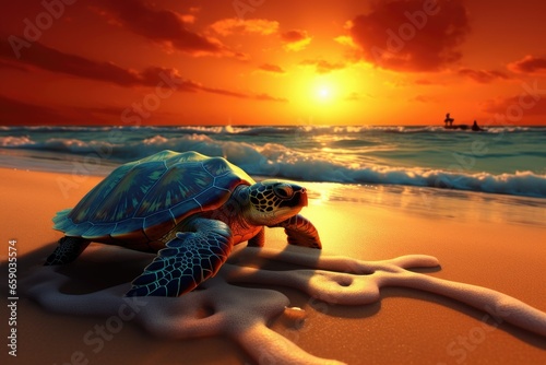 sunset on beach with sea turtle