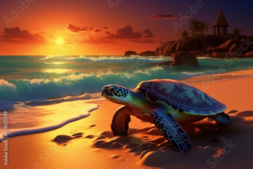 sunset on beach with sea turtle