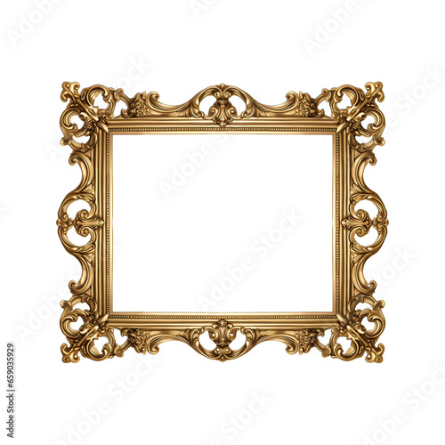 gold ornate antique picture or photo frame isolated over a transparent background, cut-out empt