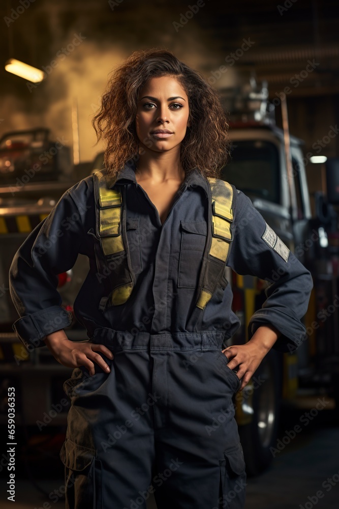 Fototapeta premium mixed race female firefighter worker looking at camera