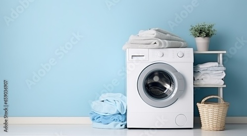 washing machine in white room with blue walls