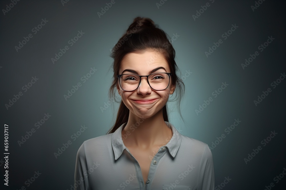 grimacing woman posing in a studio in front of the camera