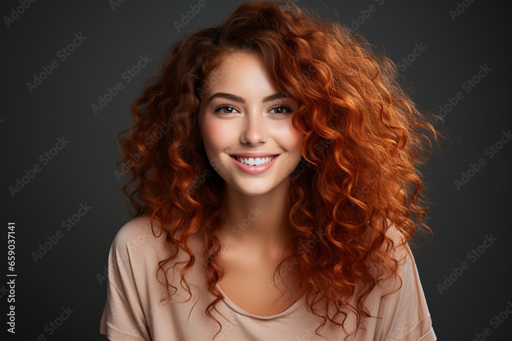 Portrait of a beautiful young woman with long curly red hair. ia generated