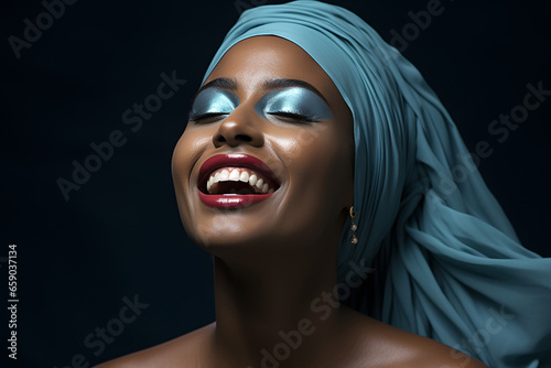 Close-up portrait of beautiful african woman with blue turban. ia generated