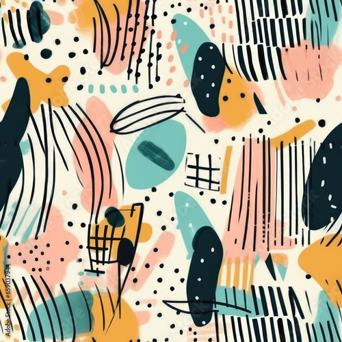 Abstract seamless pattern with random brush strokes and scribbles