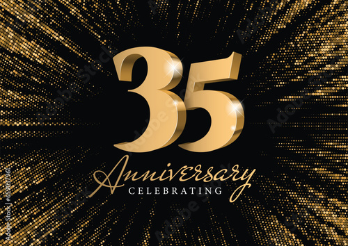 Anniversary 35. gold 3d numbers. Against the backdrop of a stylish flash of gold sparkling from the center on a black background. Poster template for Celebrating 35th anniversary event party. Vector