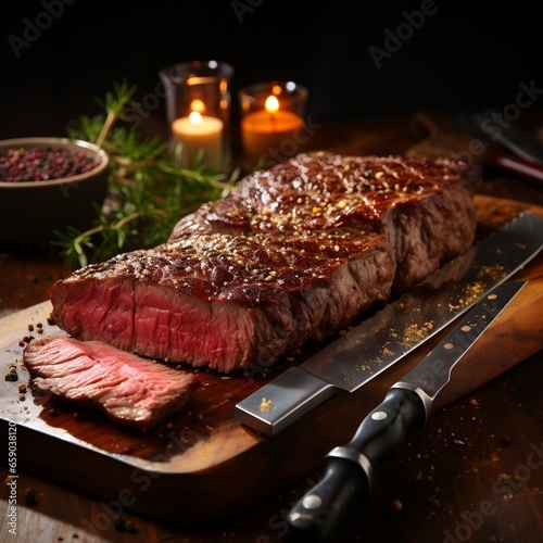 Raw Chuck eye roll Black Angus prime beef steak on butcher board with knife.