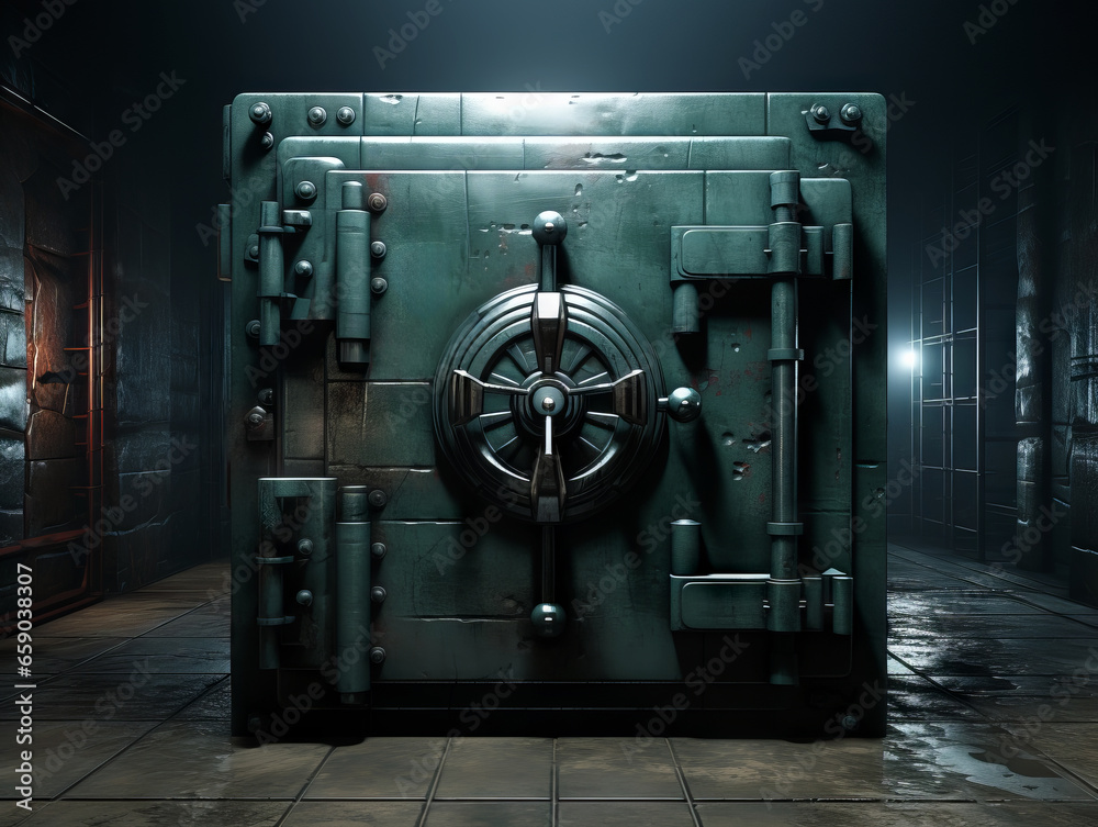 Dangerous green bank vault door in dark room. Generative AI - obrazy, fototapety, plakaty 