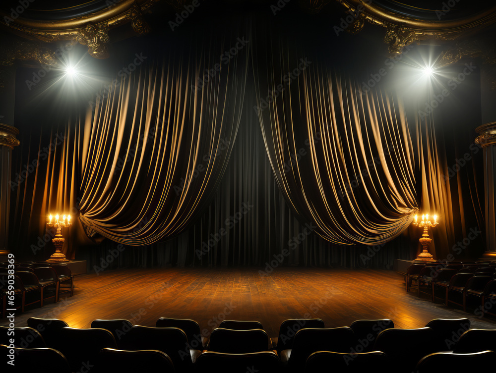 Cinema stage with golden curtains and spotlights. Generative AI - obrazy, fototapety, plakaty 