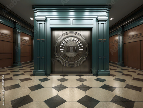 Interior of a hotel room with a vault door. Generative AI