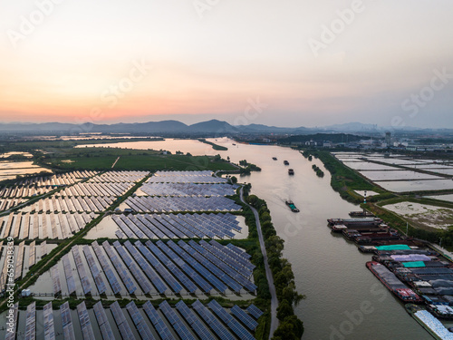 aerial view of solar power plant in field