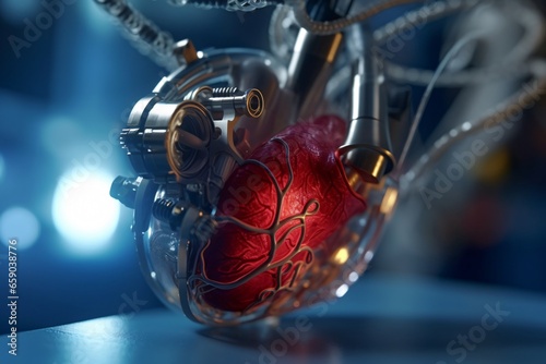 Robotic heart. Heart prosthesis. Human heart on digital background.  © vachom