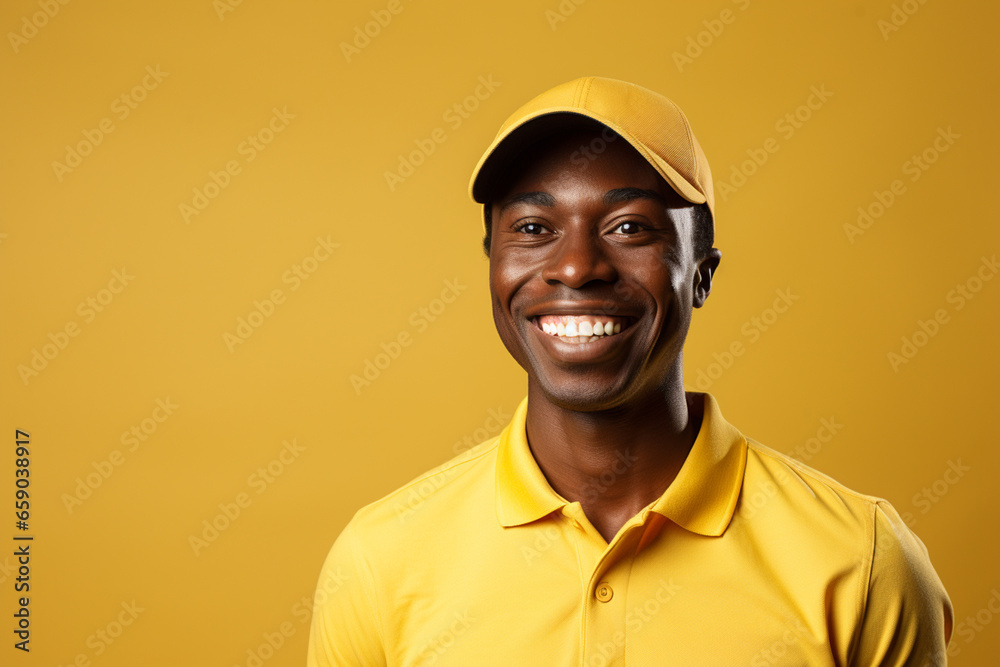 A happy deliveryman smiling,  yellow background