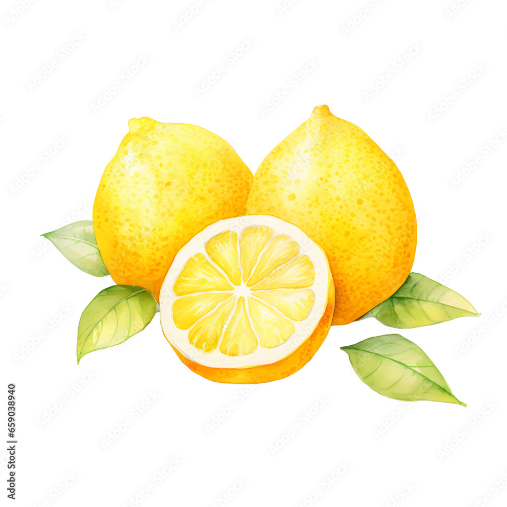 Lemon slice with leaves watercolor isolated transparent, Generative AI Lemon slice with leaves watercolor isolated transparent, Generative AI