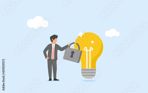 Copyright , trademark or product patent concept, intellectual property. copyright protection to avoid piracy and plagiarism, a businessman standing with a locked light bulb.