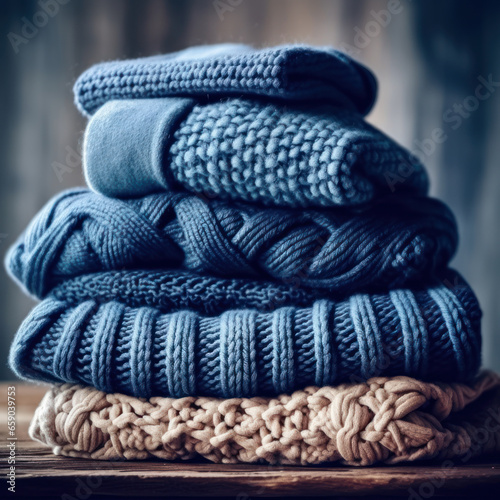 studio photo of cozy blue sweaters folded 