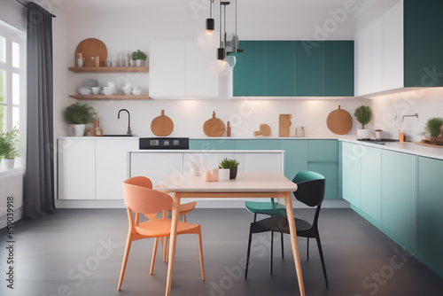 interior of a kitchen, living room, dining room, colorful, black, abandoned, industrial, white, blue, pink, yellow, wood, steel,