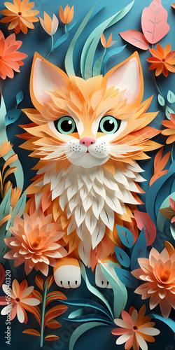 Charming 3D Cat with Floral Fantasy: Whimsical Phone Wallpaper 
