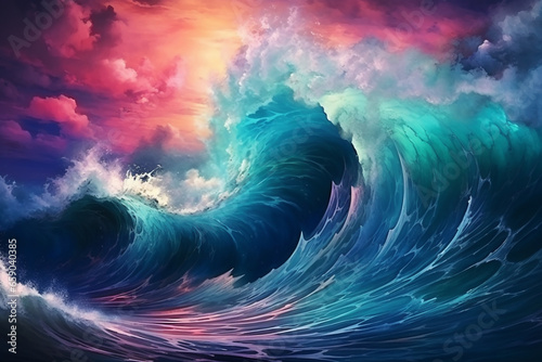 giant tsunami waves in neon colors