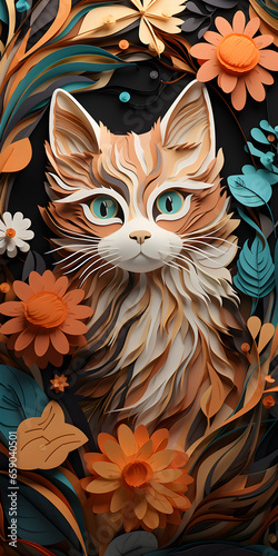 Charming 3D Cat with Floral Fantasy: Whimsical Phone Wallpaper 