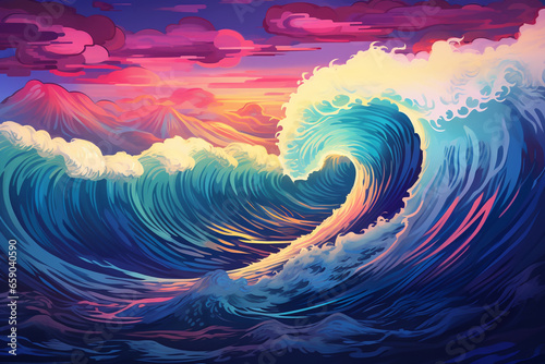 giant tsunami waves in neon colors photo