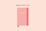 happy new yearの文字と2024年の手帳 - シンプルでかわいい年賀状 - ピンク色ストライプの背景
