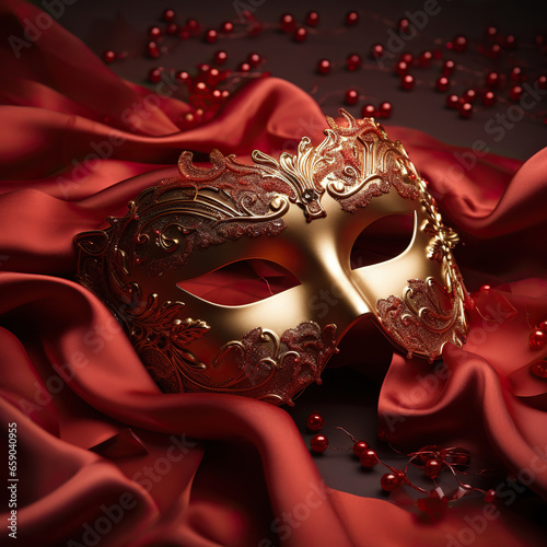 Mysterious Elegance: A Gold Masquerade Mask Amidst Red Satin Ribbons