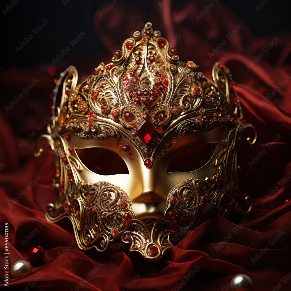 Mysterious Elegance: A Gold Masquerade Mask Amidst Red Satin Ribbons Mysterious Elegance: A Gold Masquerade Mask Amidst Red Satin Ribbons