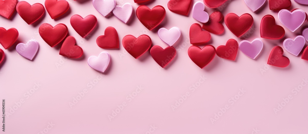 Red heart flat lay on pink background for Valentine s Day Red heart flat lay on pink background for Valentine s Day