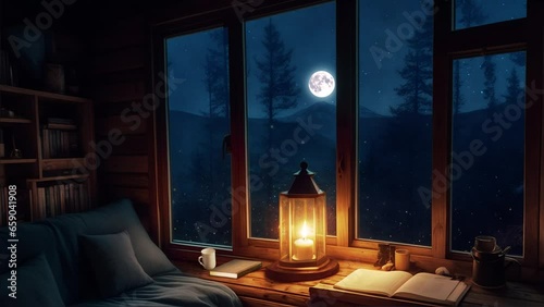 Cozy Wood Cabin with Candle, Full Moon and Magic Forest Particles View